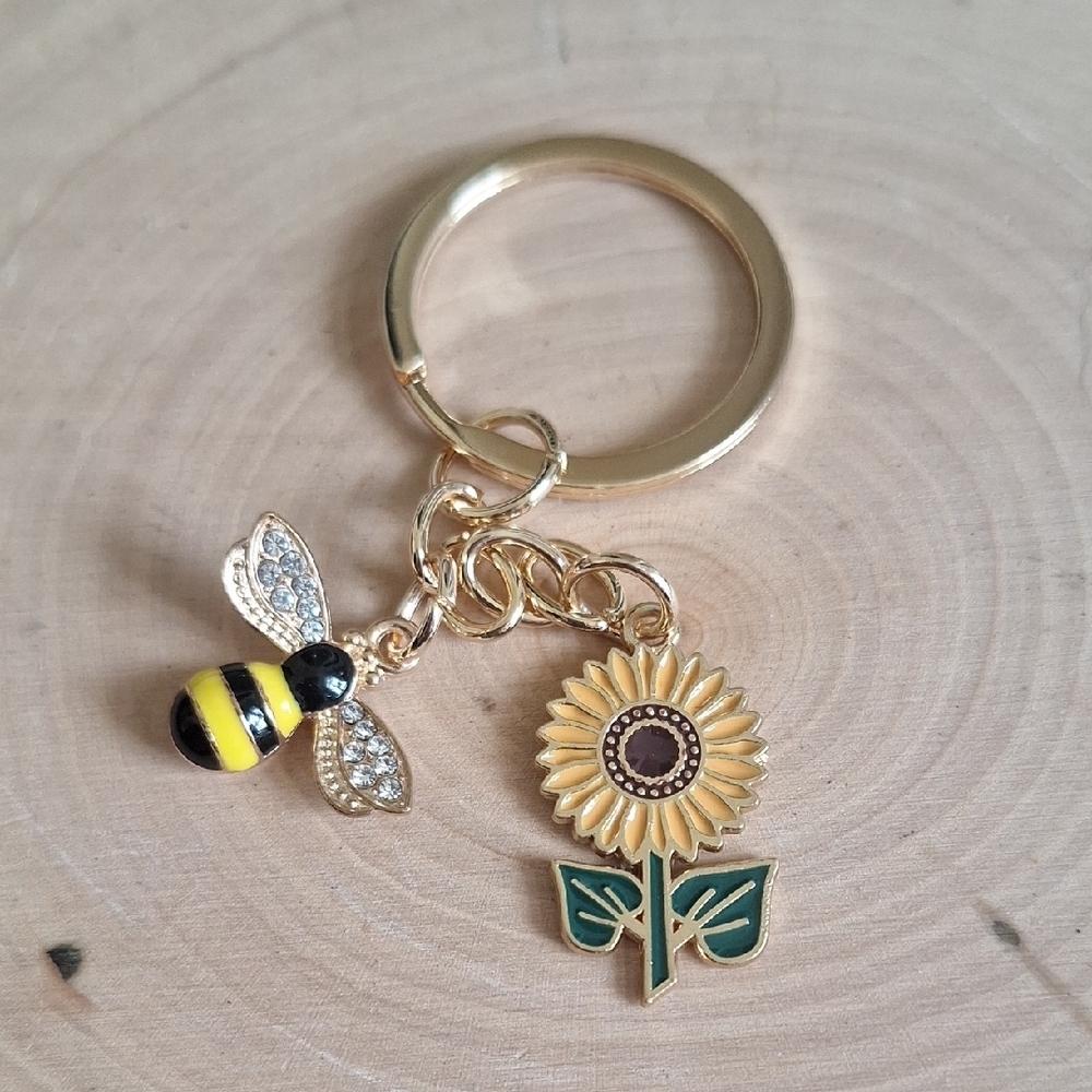 Gold Bee and Sunflower Keychain Charm - Yellow & Green Enamel